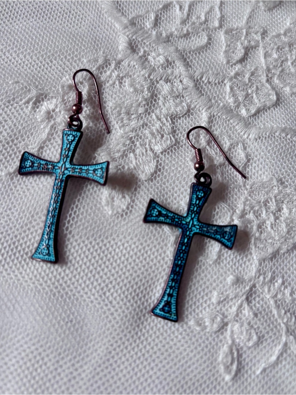 Metal Vintage Cross Drop Earrings - Copper? Tarnished Look New Orleans